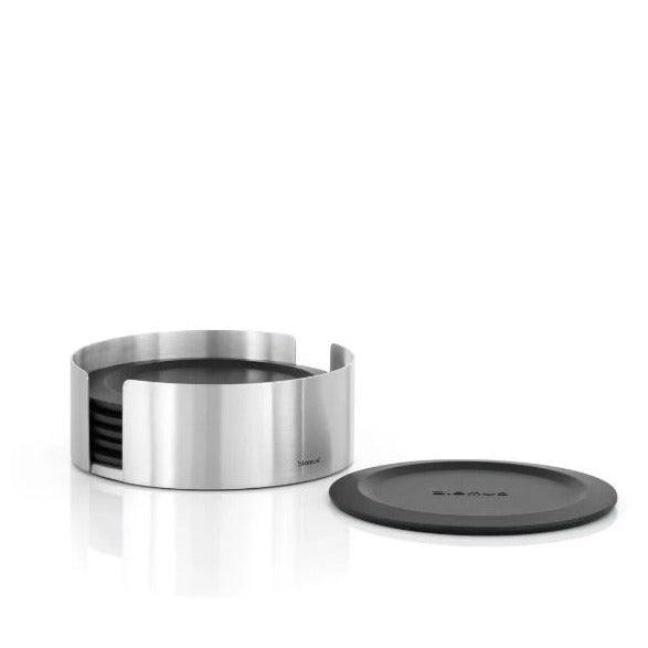 blomus Coasters with Stainless Steel Holder Round Sharkskin