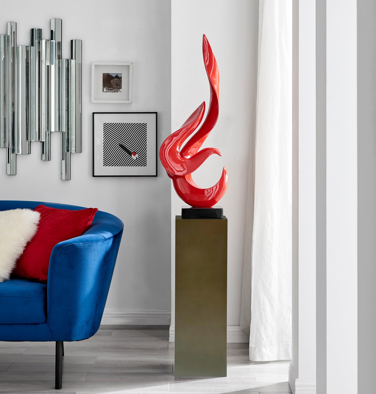 Red Flame Floor Sculpture With Gray Stand, 65" Tall by Finesse Decor FLAME-R/G