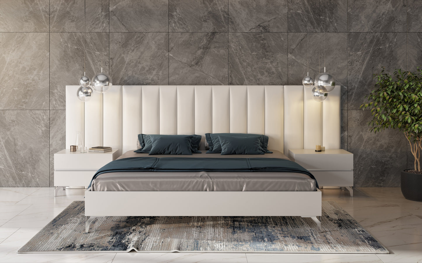 Nova Domus Angela Italian Modern White Eco Leather Bed with Nightstands and Wings