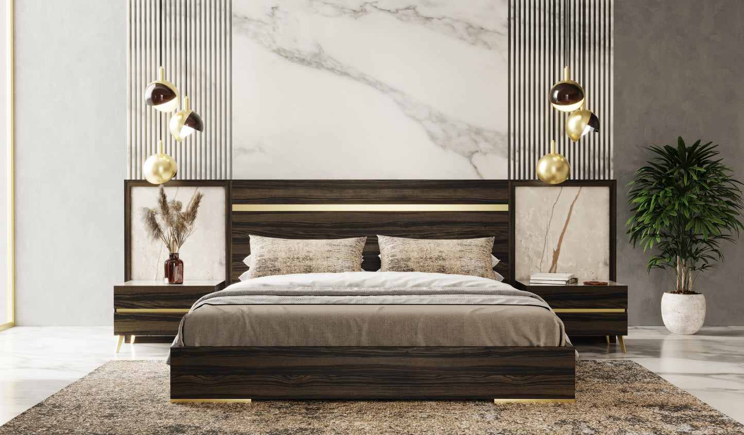 Nova Domus Velondra Modern Eucalypto and Marble Bed with Two Nightstands