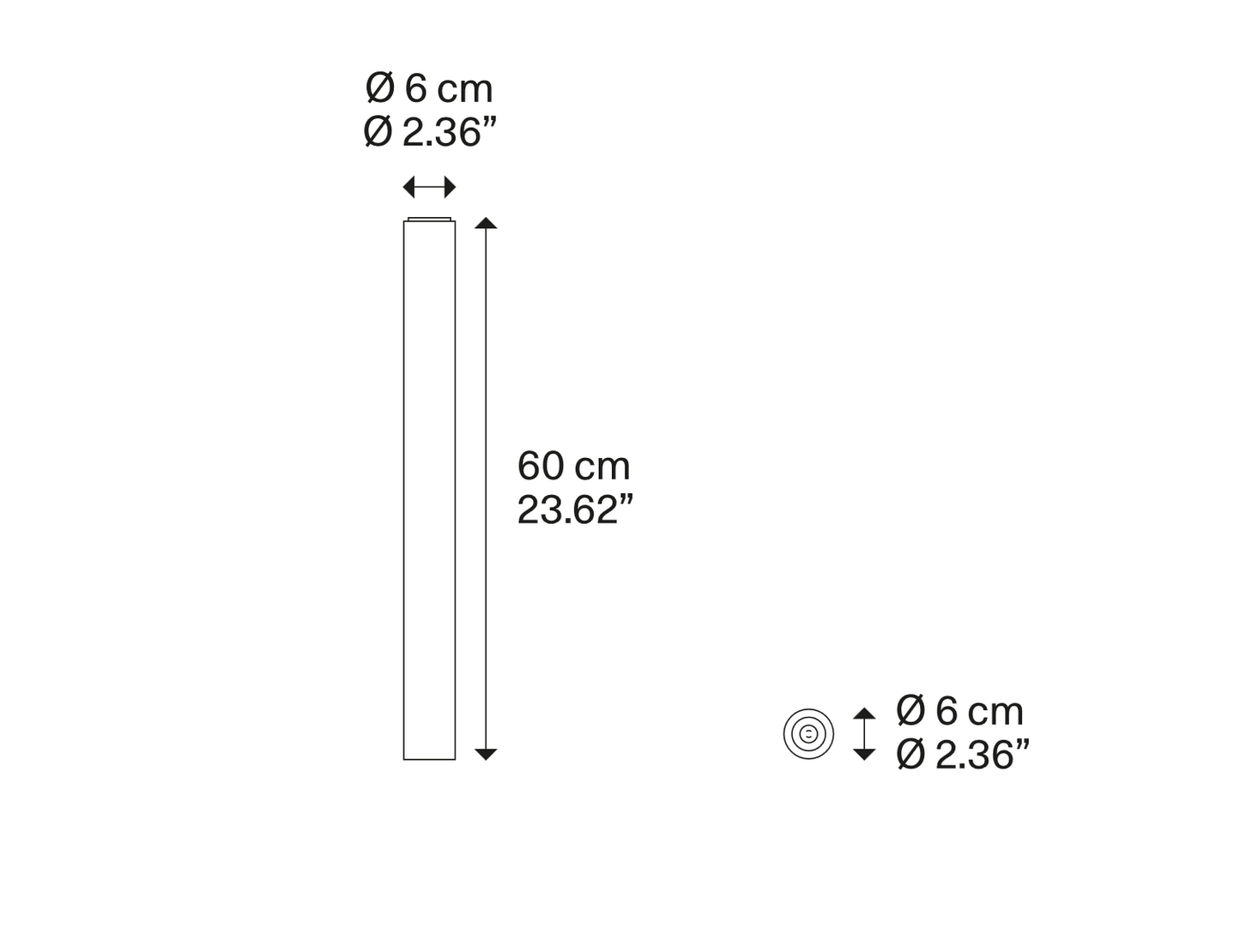Lodes A-Tube Medium architectural line drawing illustrating the cylindrical shade profile and installation dimensions
