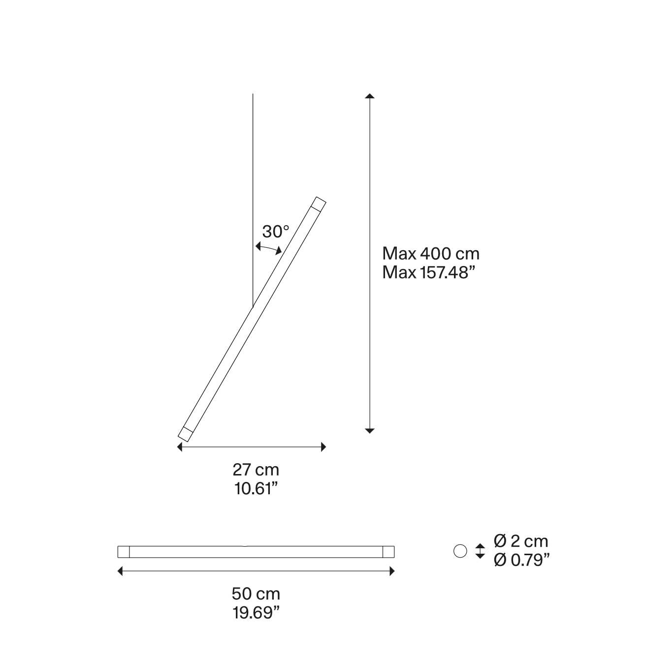 Technical line drawing of the Lodes A-Tube Nano Duo designer pendant light