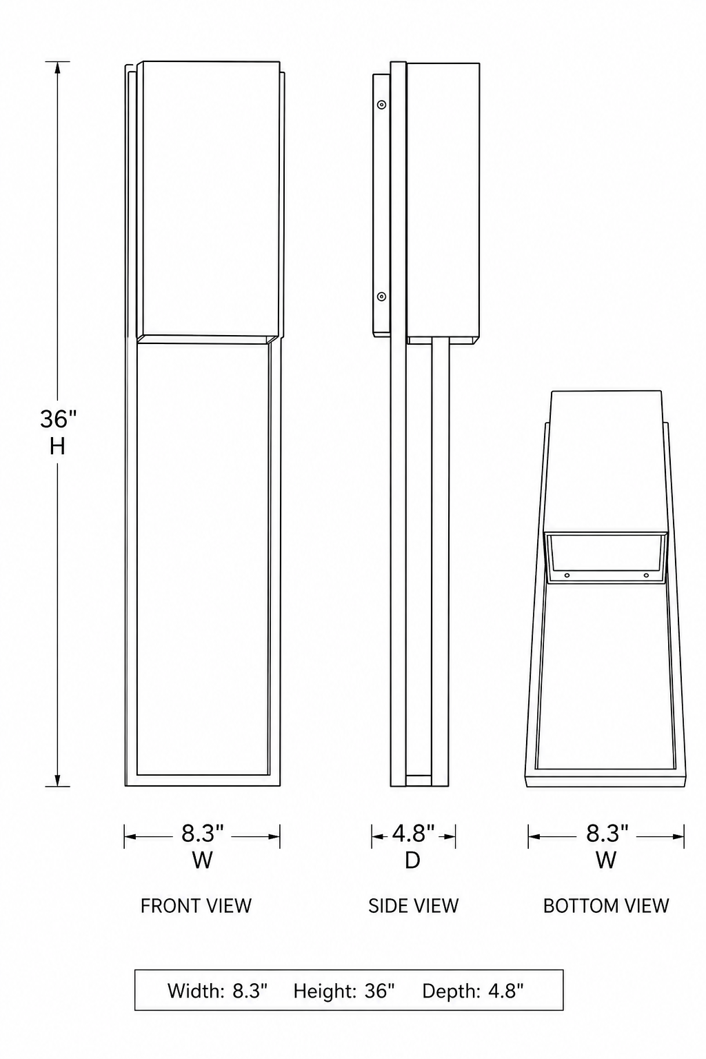 Wall light schematic diagram with measurements 36 inch height 8.3 inch width and 4.8 inch depth