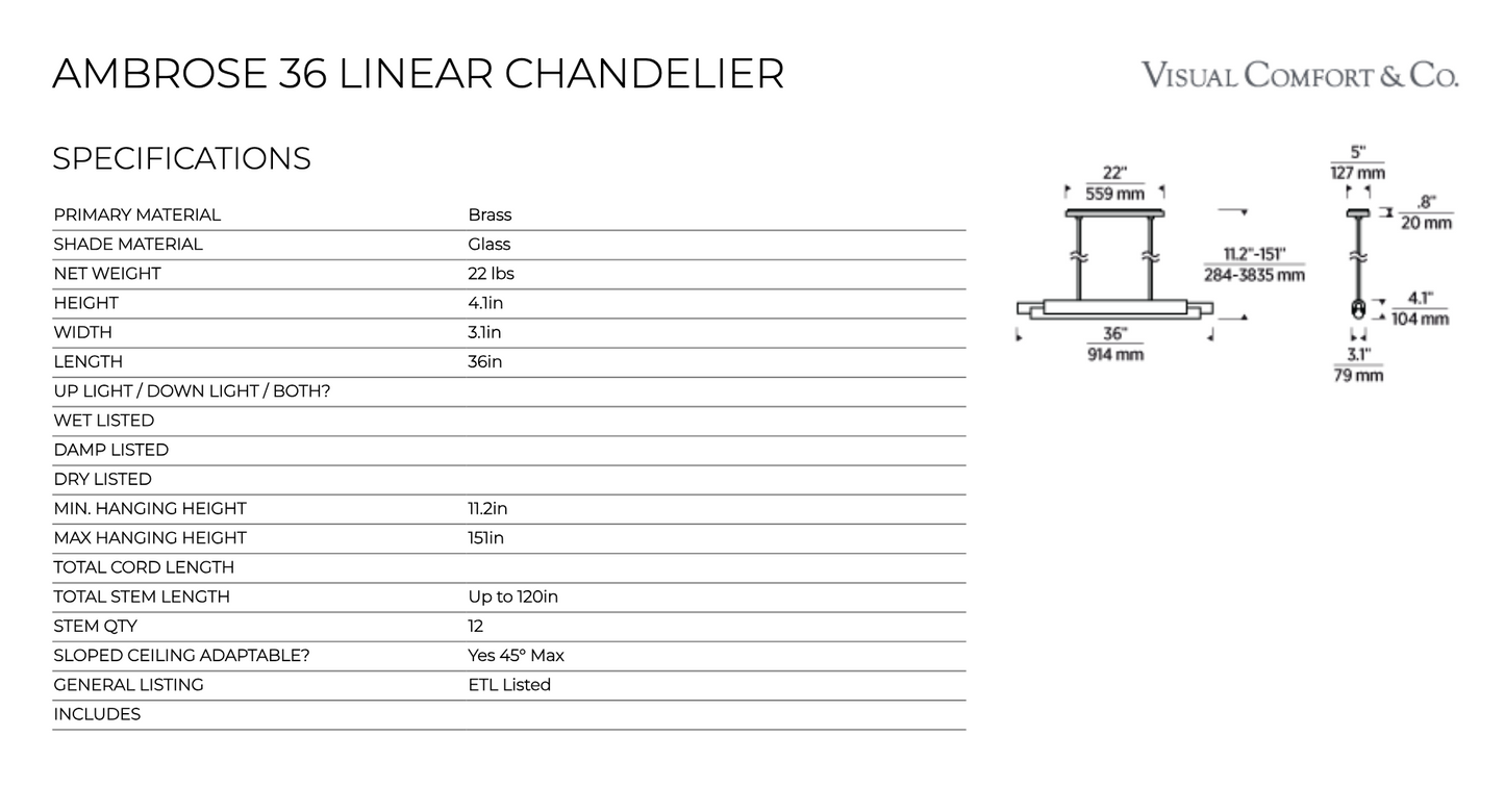 Ambrose 36-inch Linear LED Chandelier Dining Kitchen by Visual & Comfort & Co