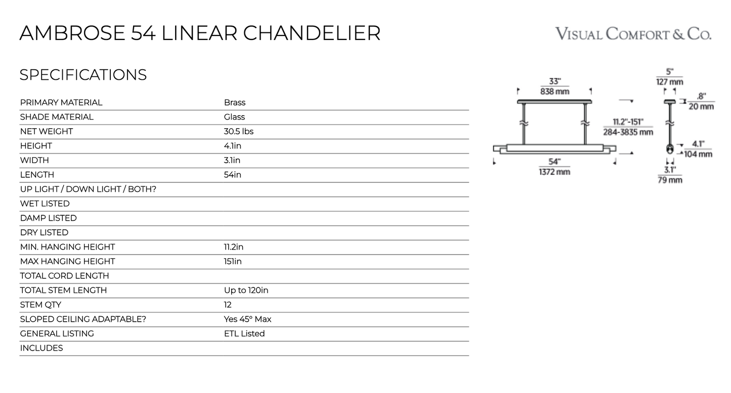 Ambrose 54-inch Linear LED Chandelier Dining Island by Visual & Comfort & Co