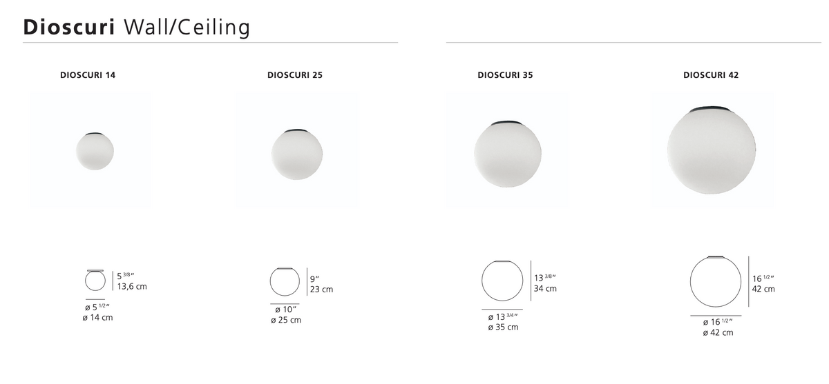 Artemide Dioscuri wall and ceiling globe light showing all sizes