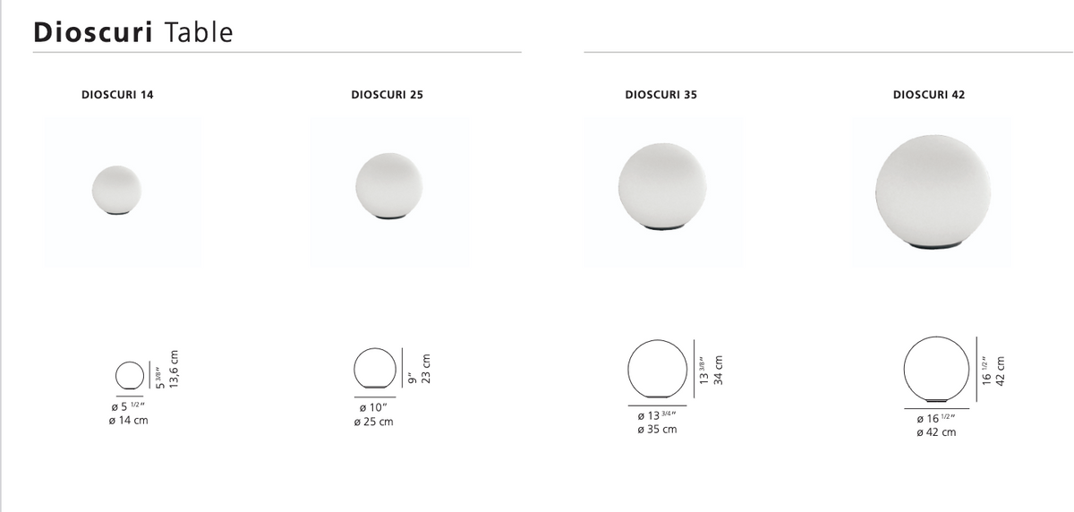 Artemide Dioscuri spherical diffuser and base detail - dimensions