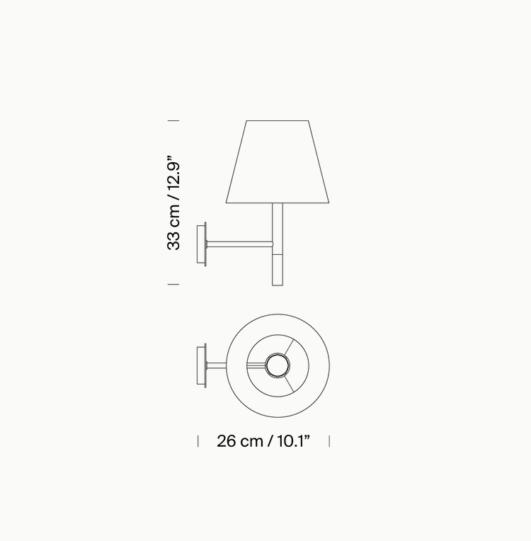 Technical line drawing of Santa & Cole BC2 designer wall sconce for modern bedroom and hotel lighting
