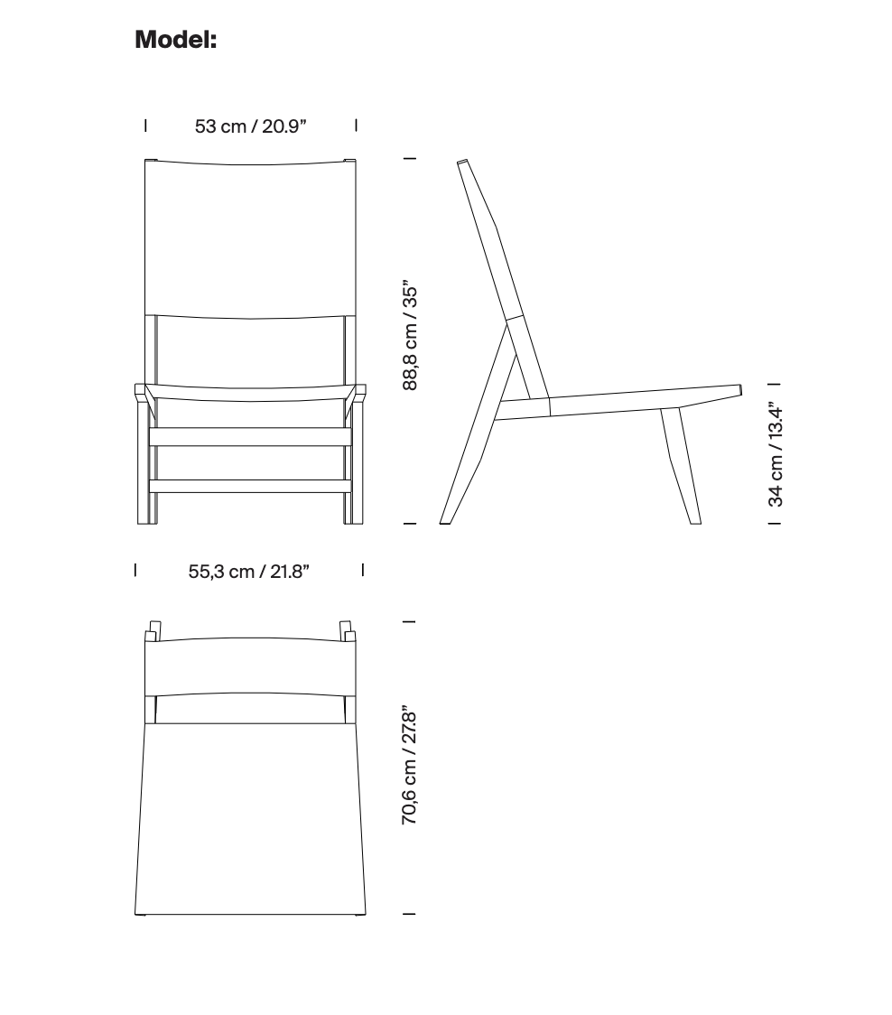 Technical line drawing of Santa & Cole Barceloneta lounge chair with leather seat and low profile design