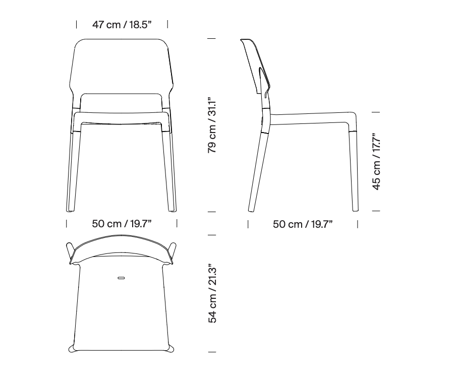 Line drawing of Belloch Chair by Lagranja Studio for Santa & Cole with detailed chair measurements and profile view