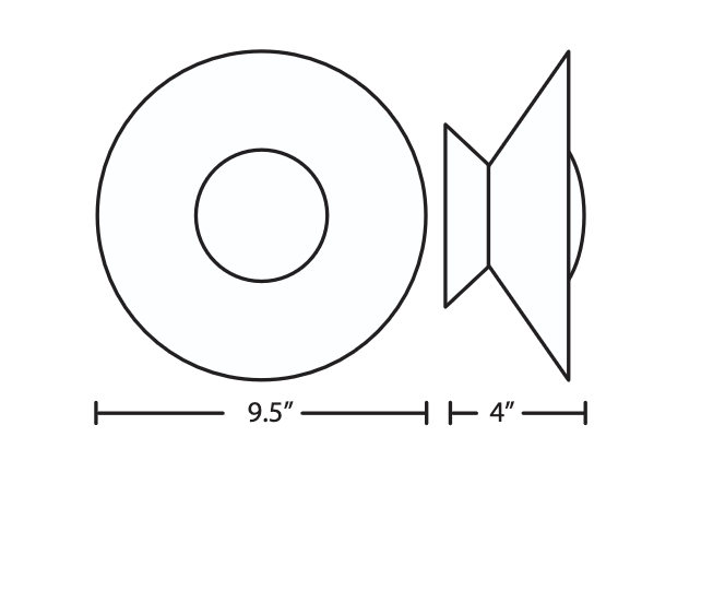 Technical line drawing of the Besa Sly wall light with circular profile and mounting dimensions