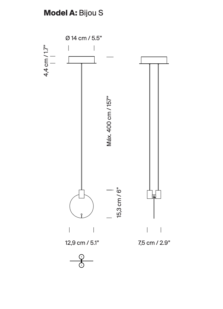 Technical line drawing of Bijou L designer pendant lamp by Antoni Arola for Santa and Cole Spain