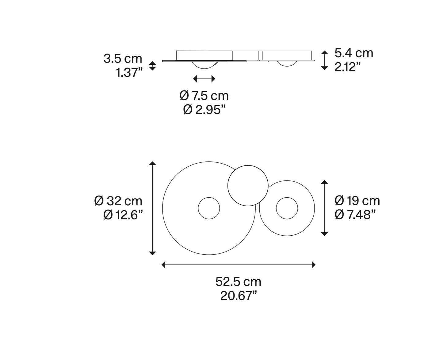 Technical line drawing showing the Lodes Bugia Double LED flush mount ceiling light dimensions and circular design
