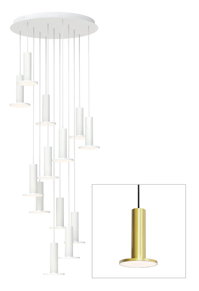 Cielo Plus 13-light chandelier in brass on a wide canopy, studio view