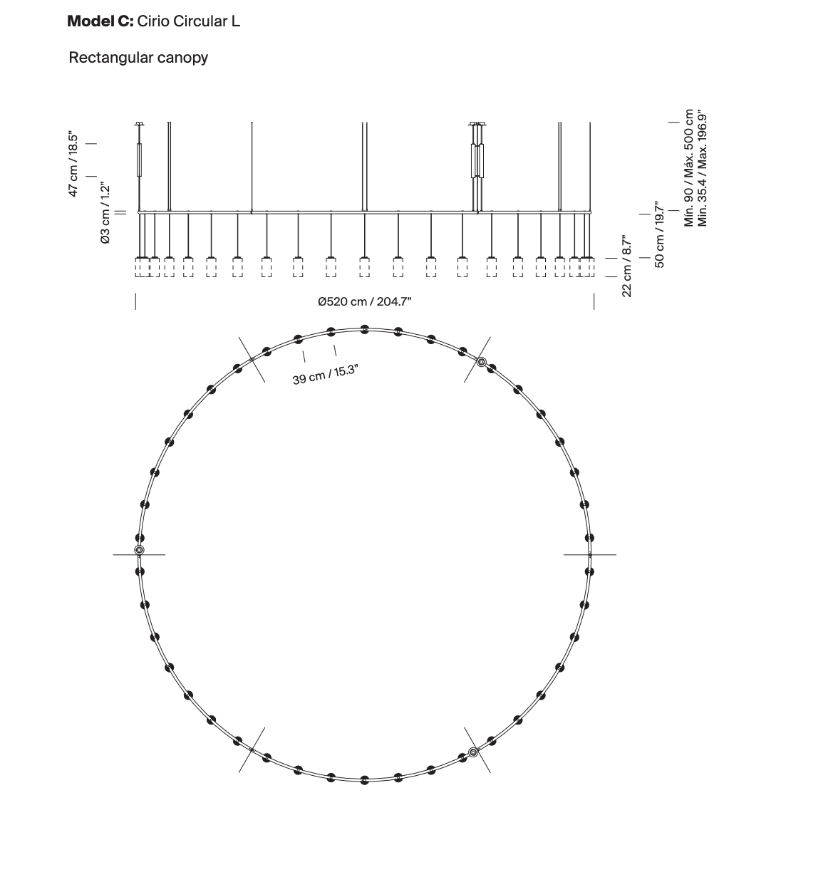 Modern circular pendant lighting CAD-style line drawing for interior design plans