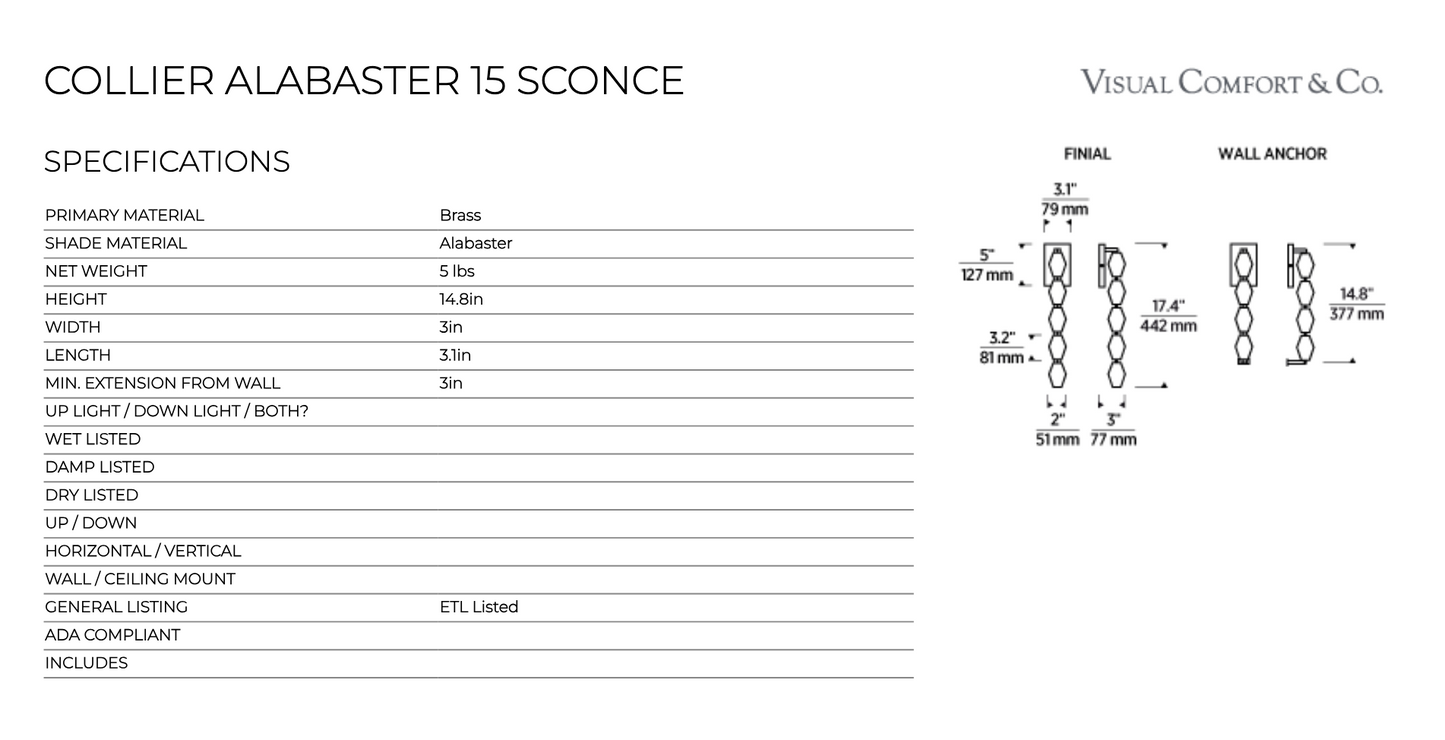 Collier 15-inch Alabaster LED Wall Sconce Brass Bronze by Visual & Comfort & Co