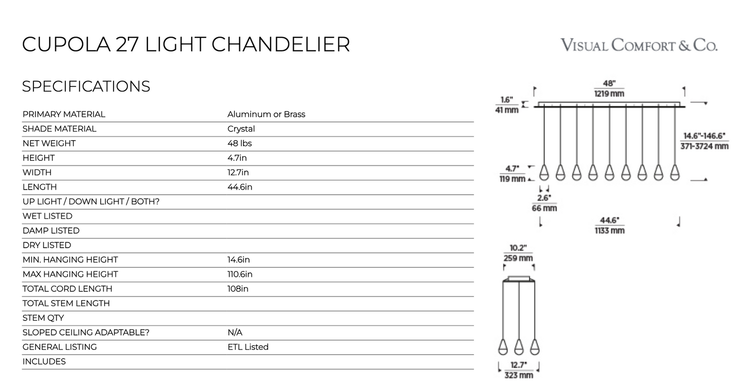 Cupola 27 Light Linear LED Chandelier 700Trspcpa27 by Visual & Comfort & Co