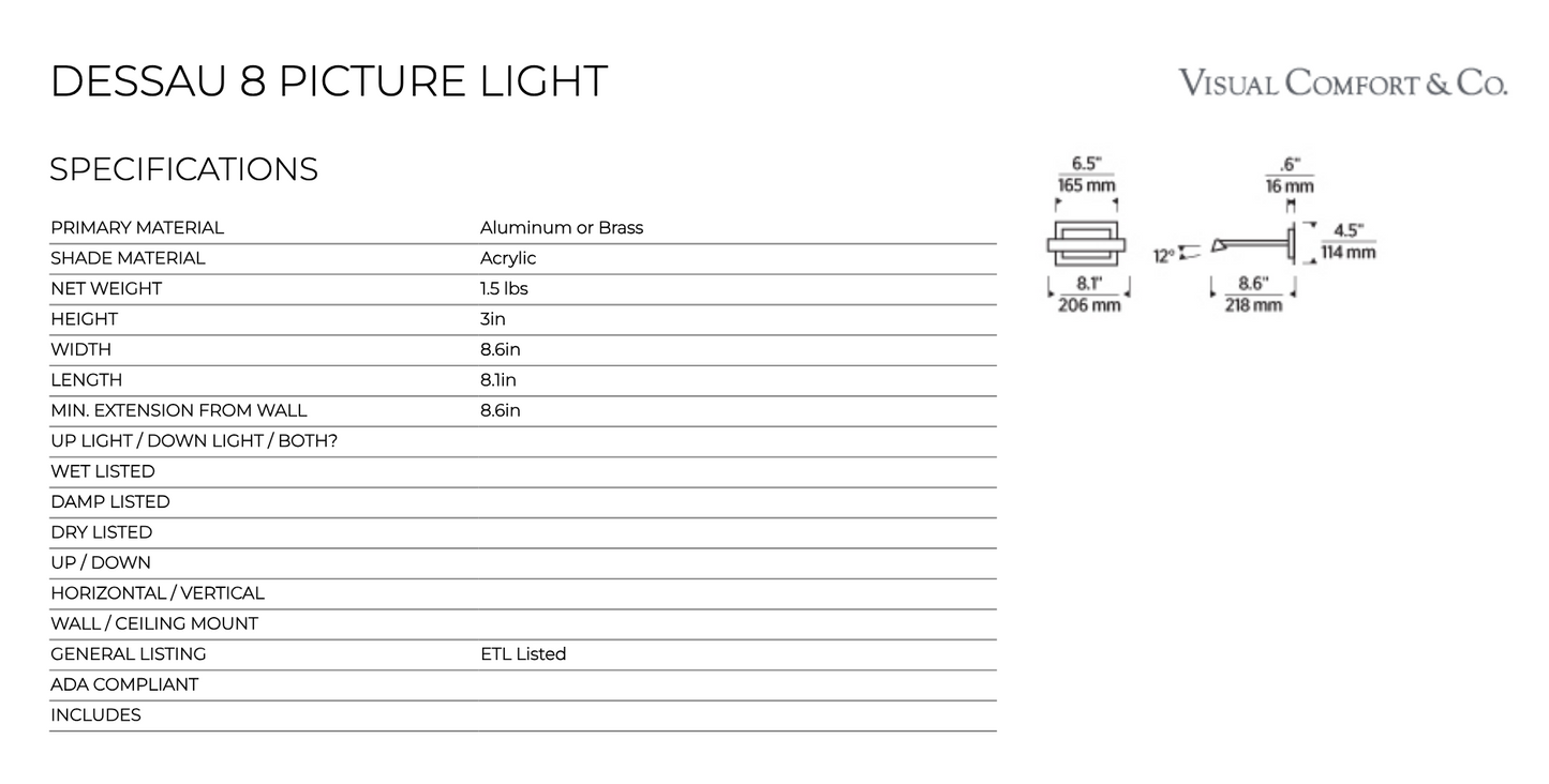 Dessau 8-inch LED Picture Light Wall Art Lighting by Visual & Comfort & Co