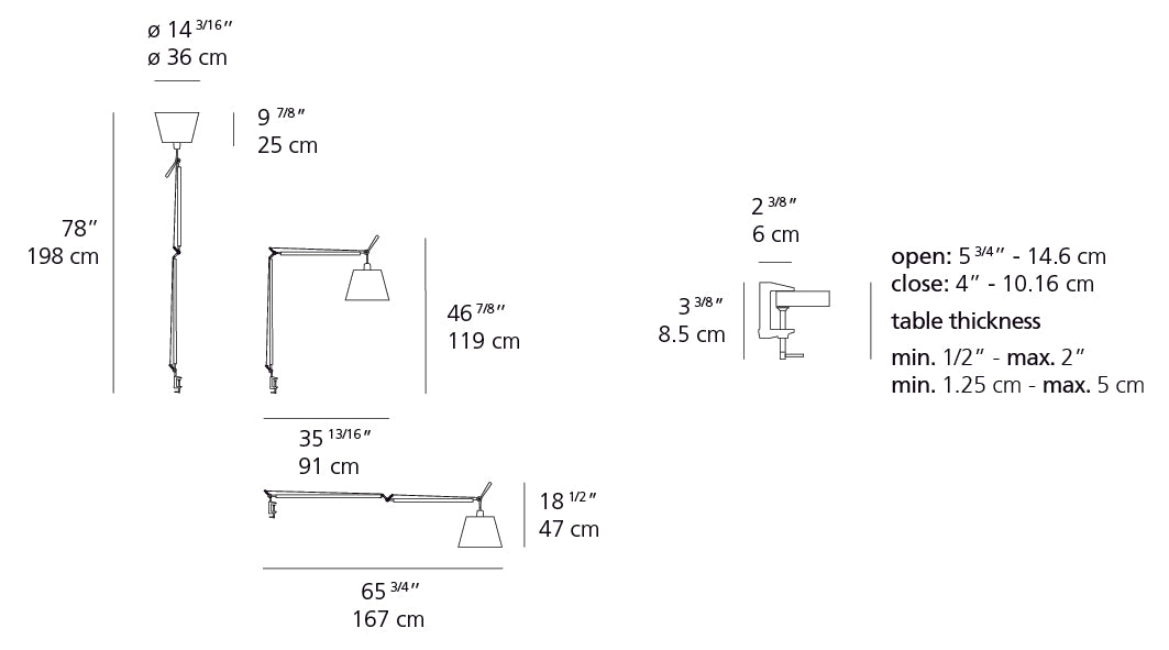 Artemide Tolomeo Mega LED Aluminum with 14" Diffuser Black and Table Clamp TLM2007