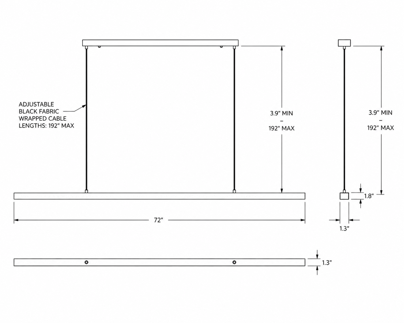 Modern linear pendant light blueprint showing 72 inch length, 1.3 inch width, 1.8 inch height and adjustable suspension cables