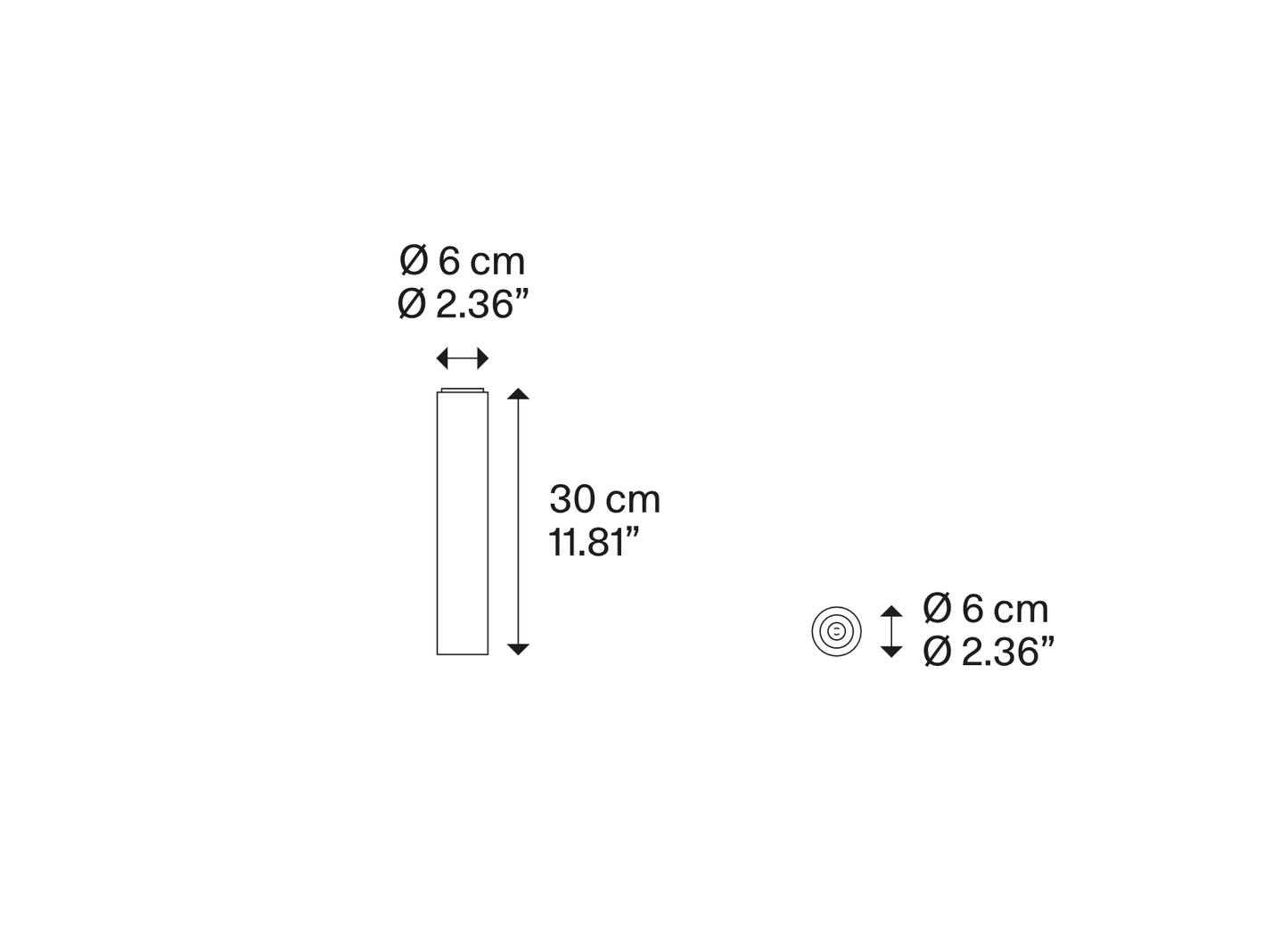 Dimension drawing of the Lodes A-Tube Small cylindrical ceiling light with overall measurements