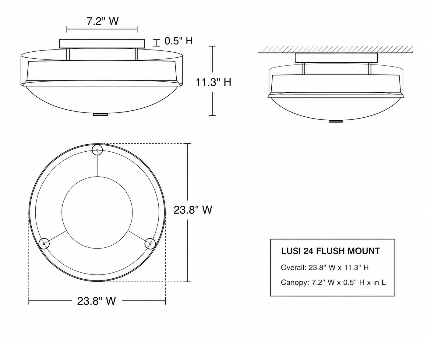 Visual Comfort Lusi 24 flush mount dimension diagram showing canopy size and ceiling mount measurements