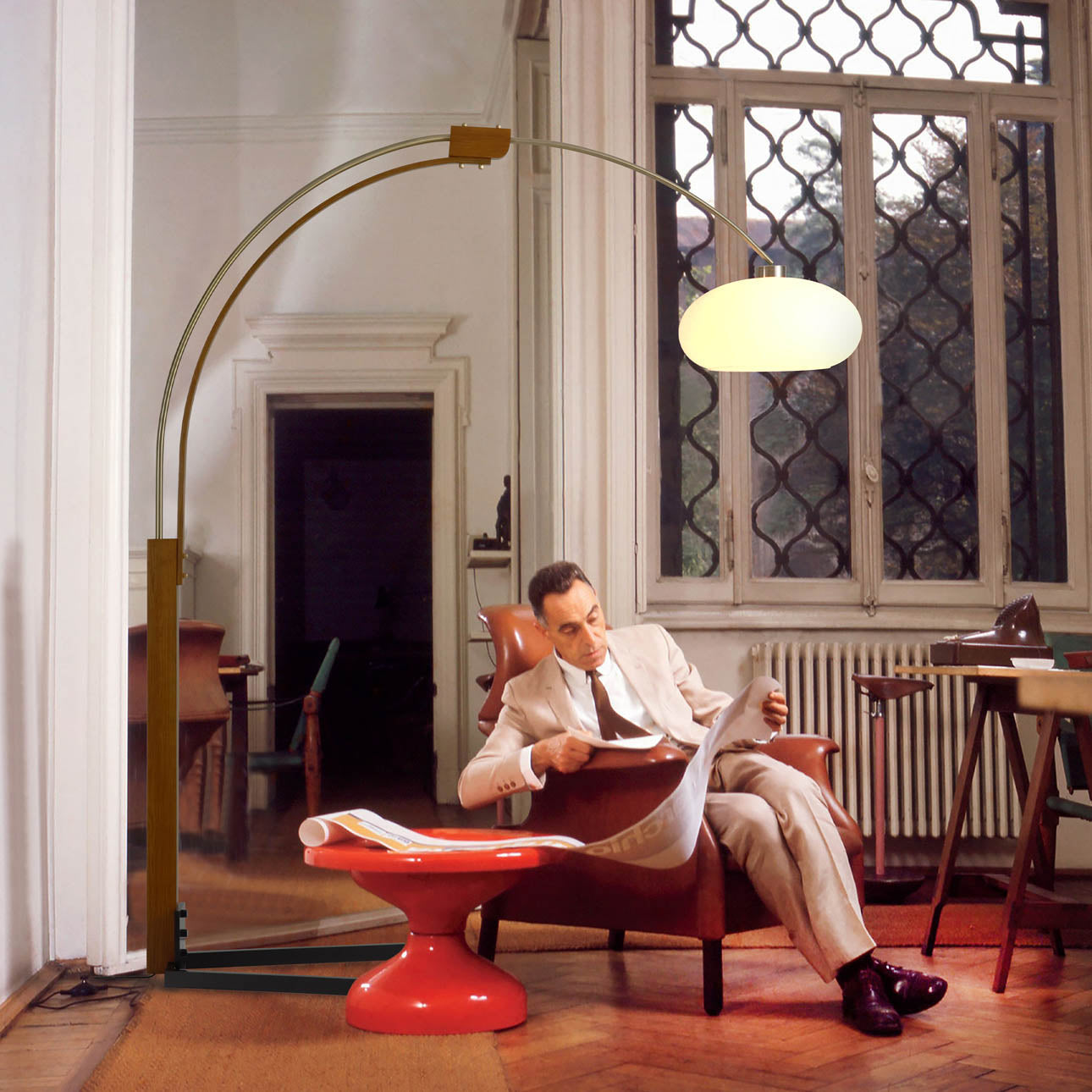 Morelli Arc Floor Lamp 84 Weathered Brass Walnut 2012201Wb by Nova California