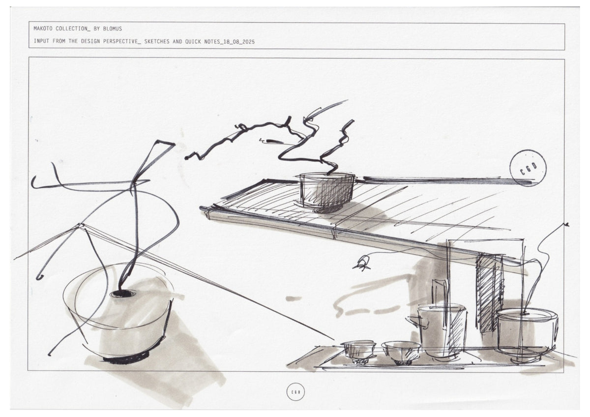 blomus MAKOTO Stoneware Vase, Narrow Opening – Carsten Gollnick’s sketch of the MAKOTO vase with a branch