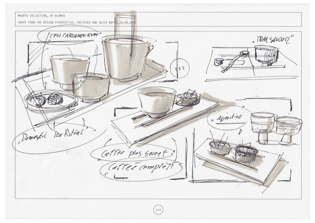 blomus MAKOTO Rectangular Serving Platter – Carsten Gollnick’s sketch of MAKOTO platters and cups