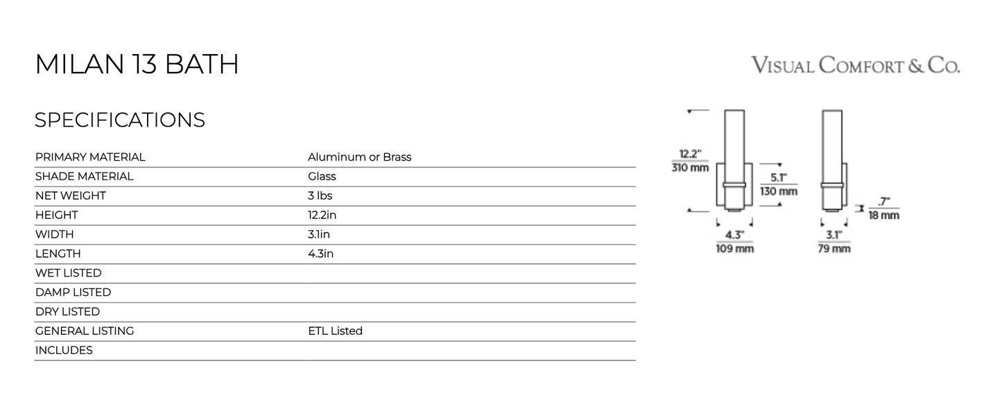Visual Comfort Milan 13 Inch Led Bath Sconce