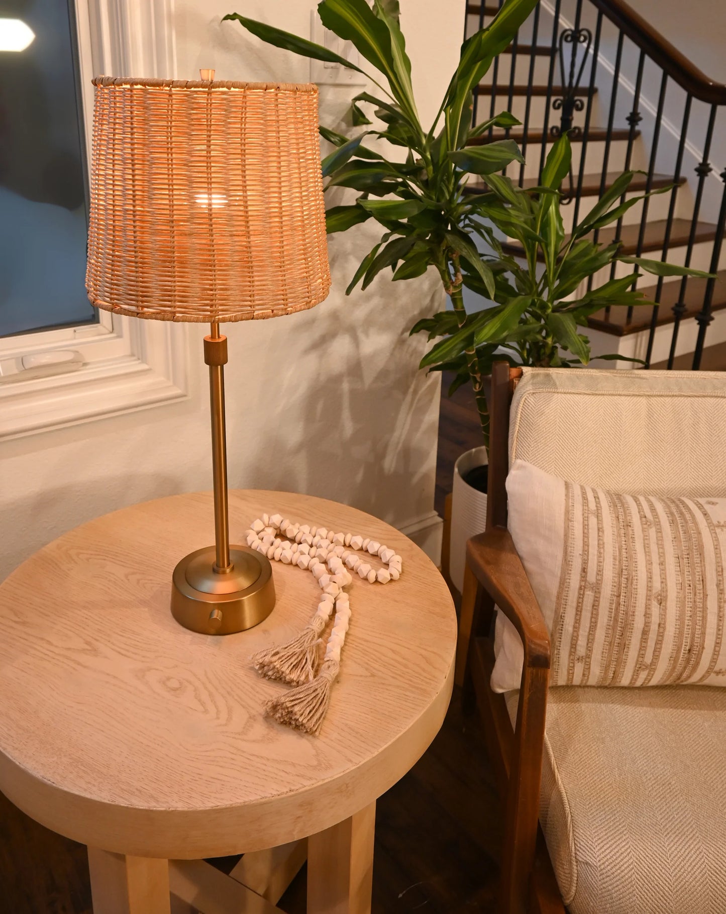 Antique Brass Buffet Lamp with Rattan Shade - Cordless and Portable