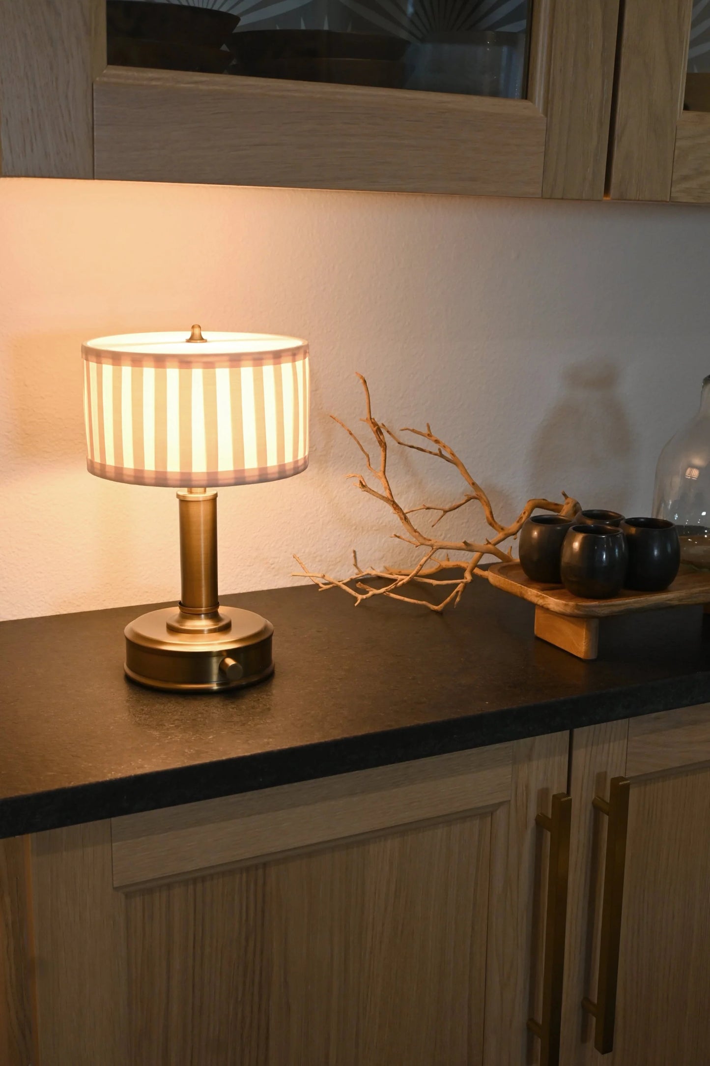 Mini Tito Cordless Table Lamp Dark Antique Brass with Pleated Shade detail shot