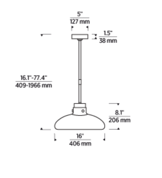 line drawing of Visual Comfort Morgan 16 inch pendant light brass finish with smoke glass dimensions and structure