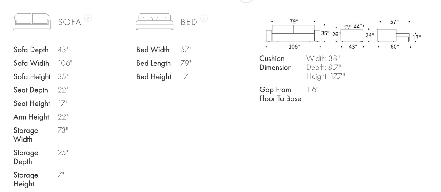 Measurement guide for the Innovation Living Newilla full sleeper sofa with wide arms, including overall dimensions and sleeping size