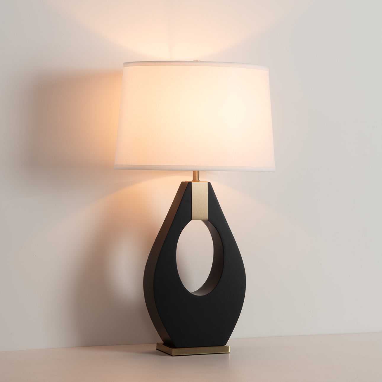 Pearson Table Lamp Ebony Wood Weathered Brass White Cotton Linen Shade 10394B by Nova California