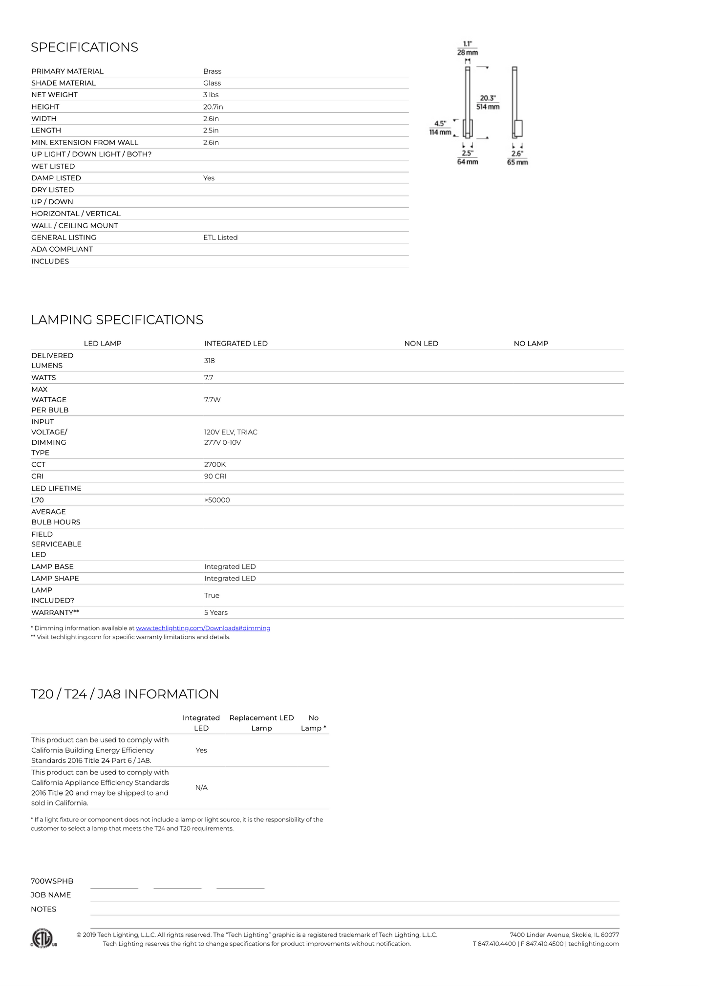 Visual Comfort Phobos 1 Light Led Wall Sconce Vertical Brass 700Wsphb21