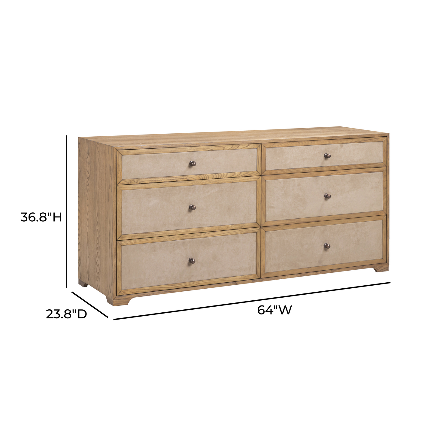 Laurentis 64" Light Taupe Suede and Wood 6-Drawer Dresser Natural by Tov Furniture