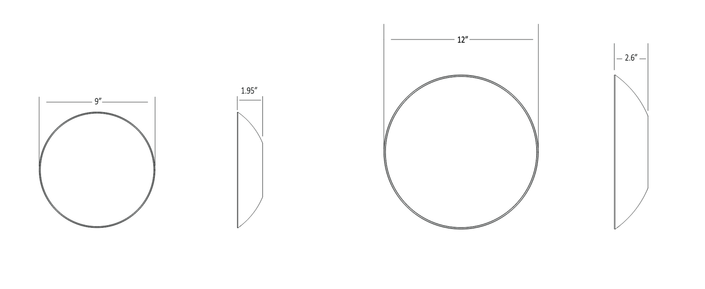 outdoor modern wall sconce with 3000K warm white LED for covered patios line drawing, 9" and 12" diameetr