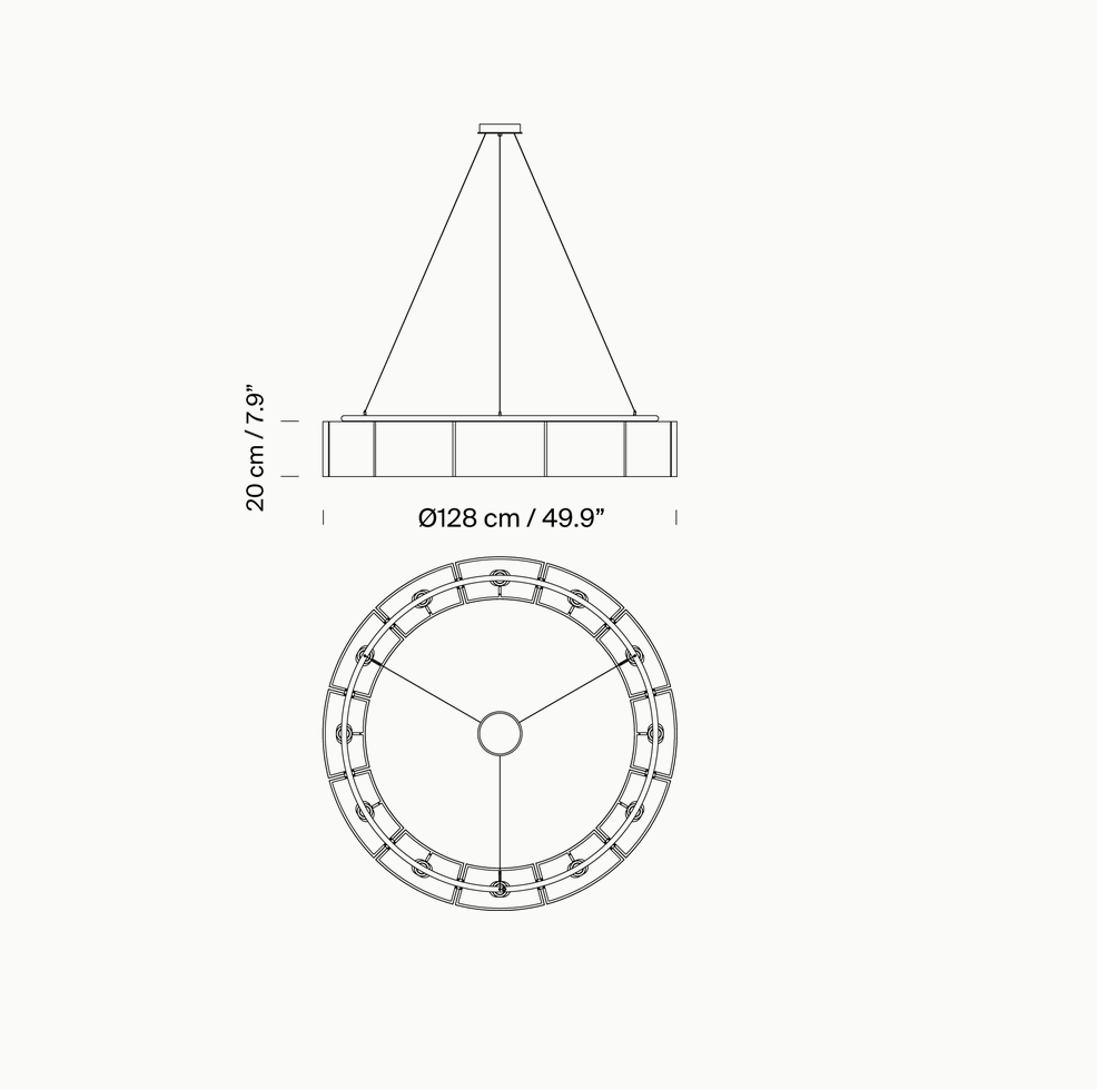 Technical line drawing of Santa & Cole Sexta 12 designer pendant light with dimensional layout and suspension details