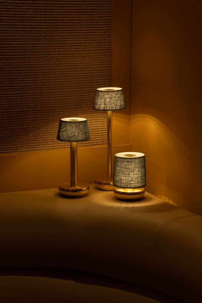 Humble Firefly Cordless Table Lamp by Humble, Gold with Emerald Linen Shade (image 13)