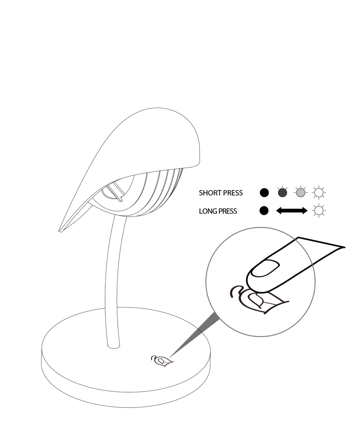 Daqiconcept Bird desk lamp line drawing showing short press and long press touch dimming