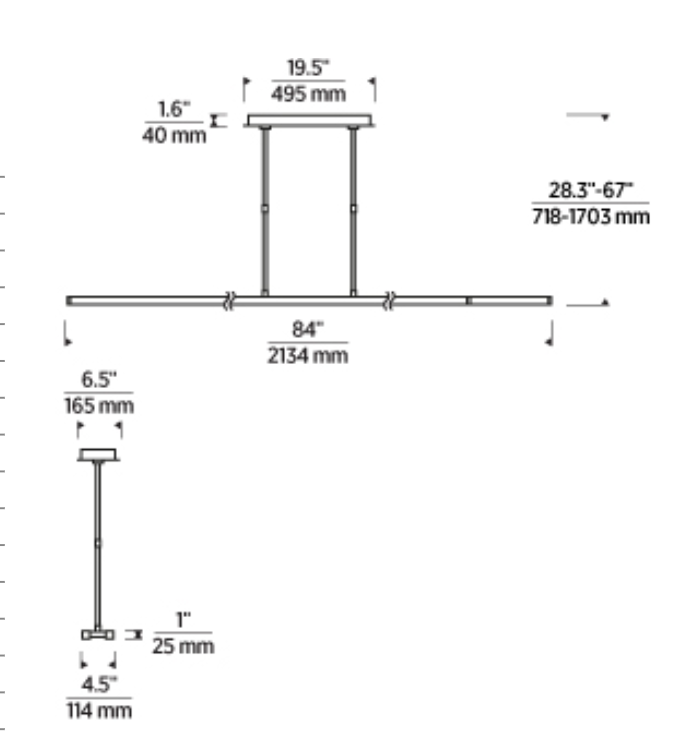 View precise measurements of this modern linear LED suspension light with a clean line drawing. Ideal for kitchen islands, dining tables, and office lighting layouts.
