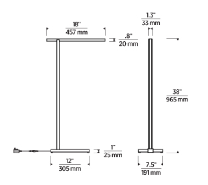 Technical line drawing of modern LED floor lamp with labeled measurements