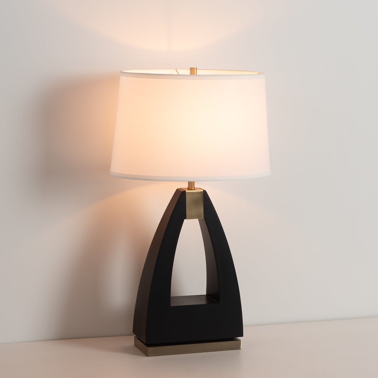 Trina Table Lamp Ebony Wood Weathered Brass White Linen Shade 10392B by Nova California