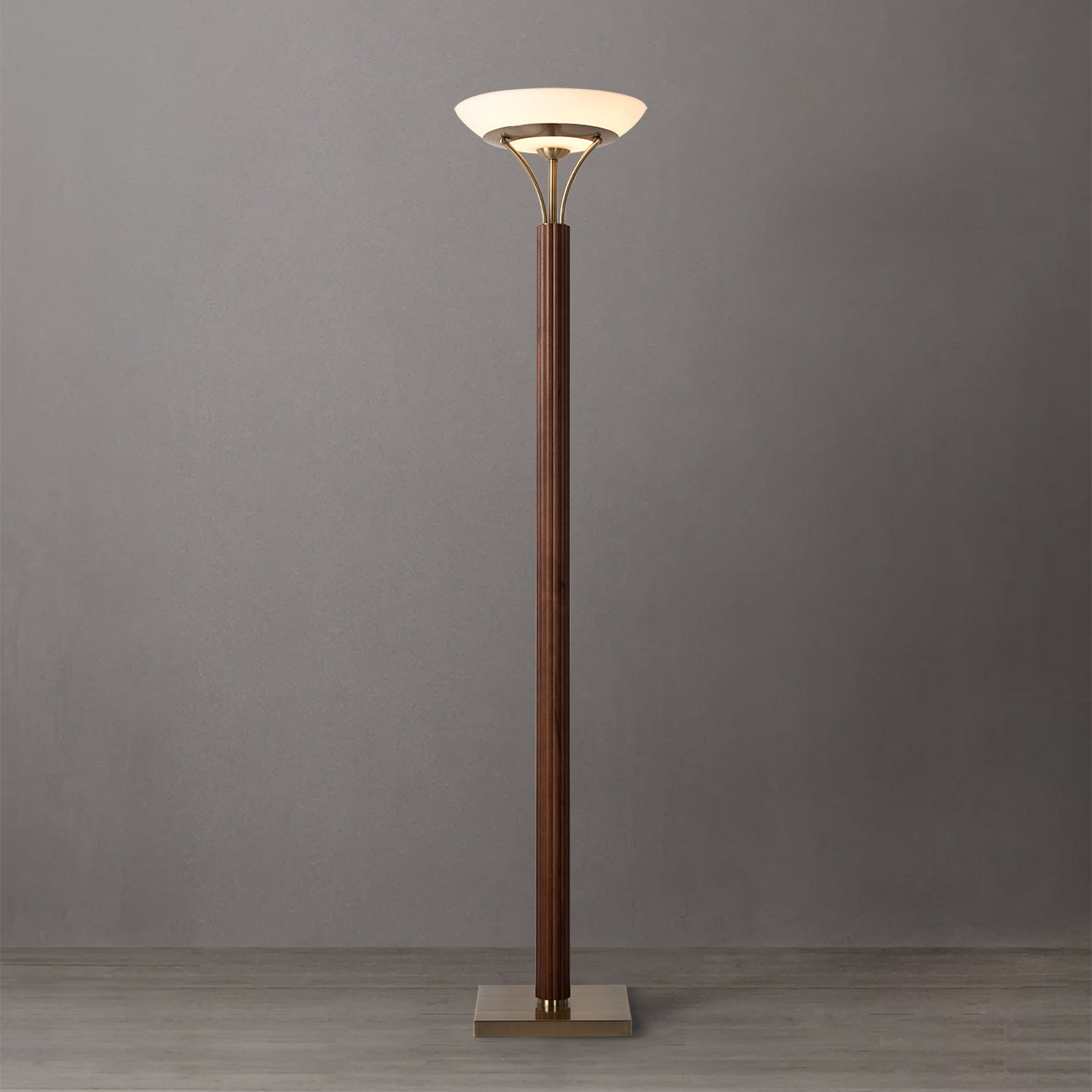 Tambo Torchiere Floor Lamp Dark Walnut Wood Weathered Brass 1510832Db by Nova California