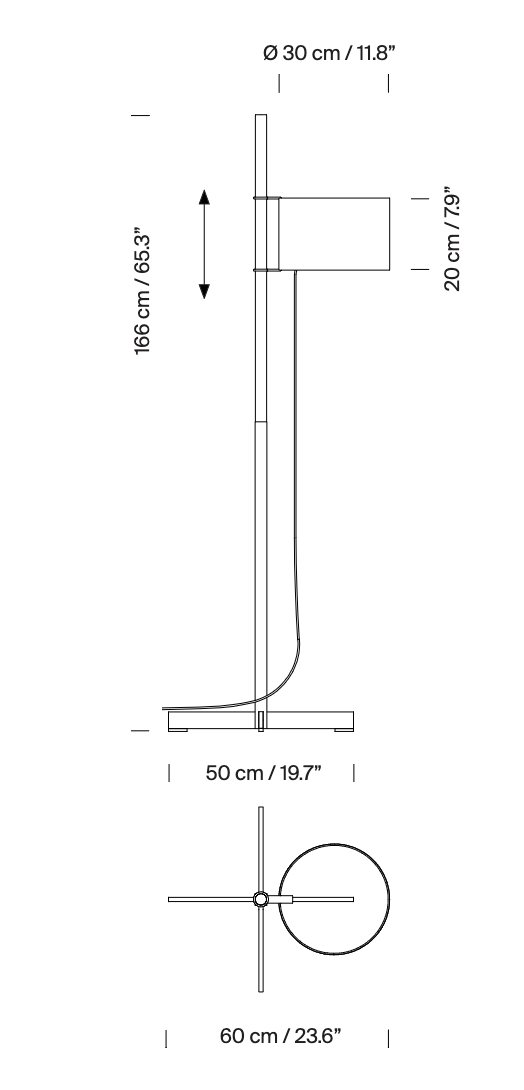 Technical line drawing of Santa & Cole TMM floor lamp with dimensions and adjustable parchment shade details