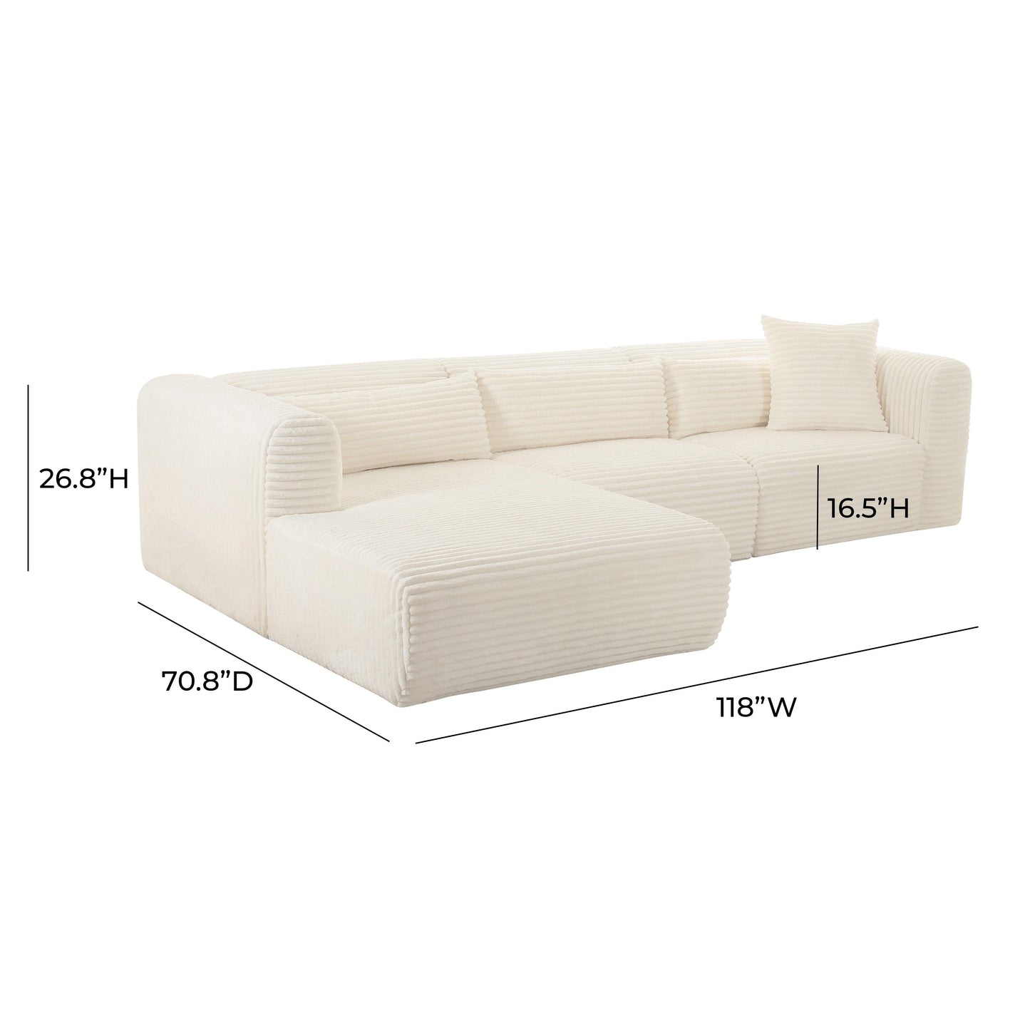 Tarra 3-Piece Fluffy Oversized Performance Corduroy Modular L-Shaped Sectional Cream by Tov Furniture