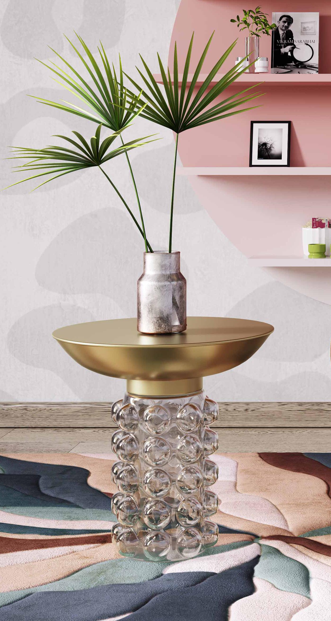 Bubble Glass and Brass Side Table Antique Brass, Transparent by Tov Furniture