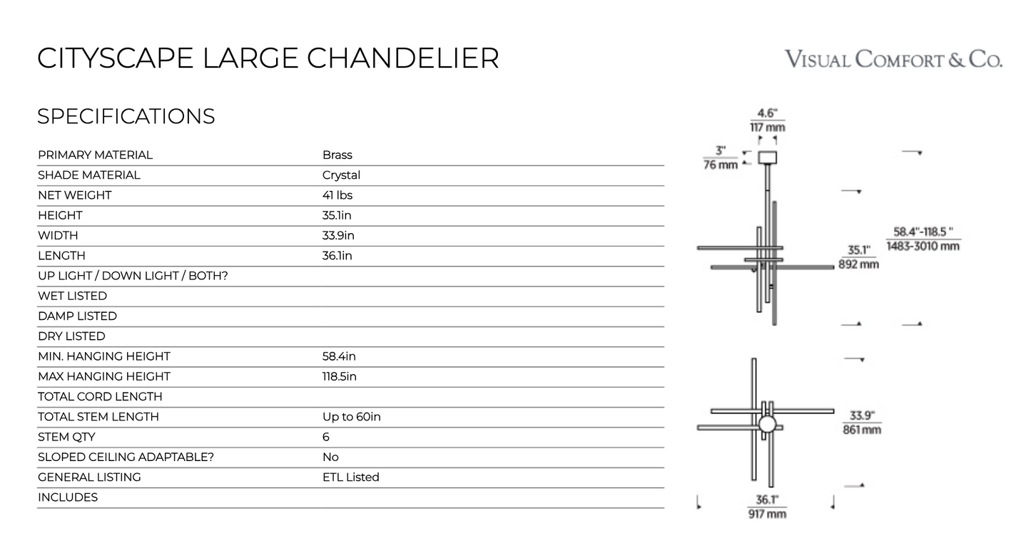 Large Geometric Crystal LED Chandelier Natural Brass by Visual & Comfort & Co