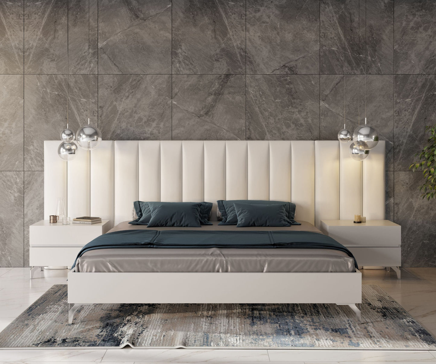 Nova Domus Angela Eastern King Italian Modern White Eco Leather Bed with Nightstands and Wings